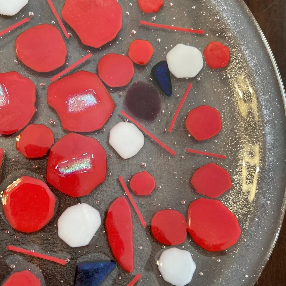 Vintage‎ Studio Art Glass Plate Abstract Geometric Fused Iridescent Red Cobalt
